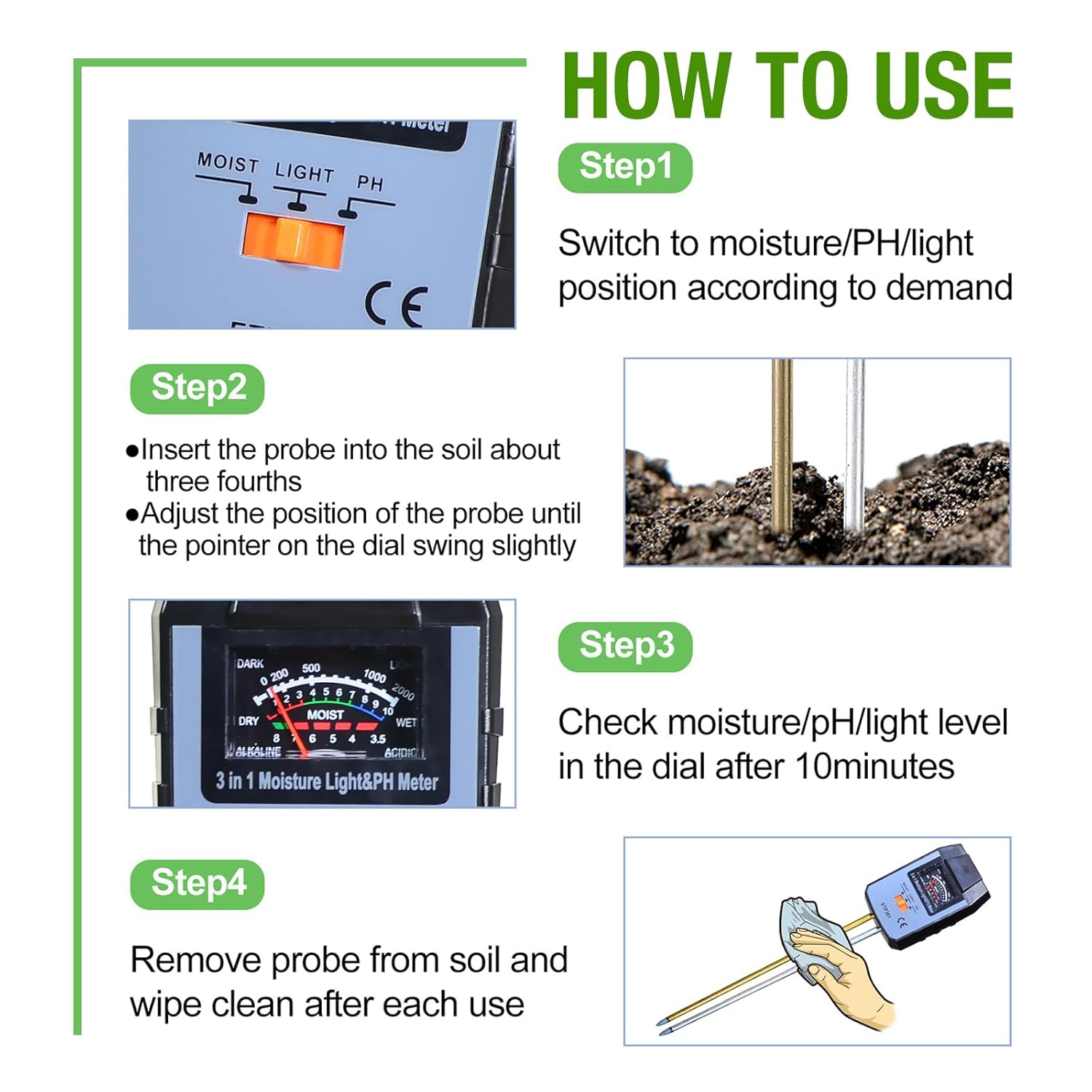 ALLOSUN Soil Moisture Meter for Plants, 4 in 1 Soil pH Tester/pH Meter for Water/Light Meter for Plants, Indoor, Garden, Farm, Lawn, No Battery Required