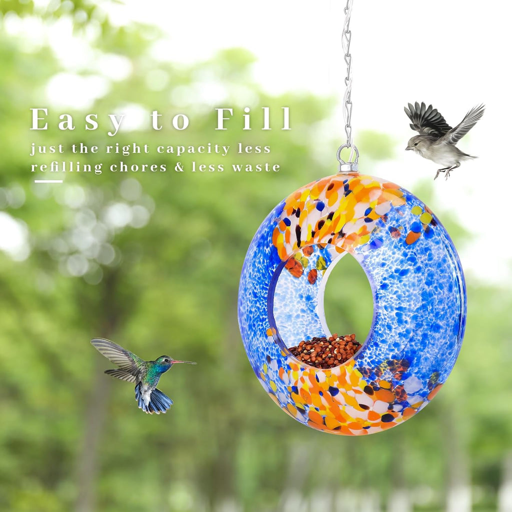 VCUTEKA Bird Feeder Solar Fly Through Bird Feeders for Outside Hanging with Round Shape Glass Container to Attract Wild Birds for Garden Decor, Solar Birdfeeder as Gift for Lovers, Multi 8-Inch
