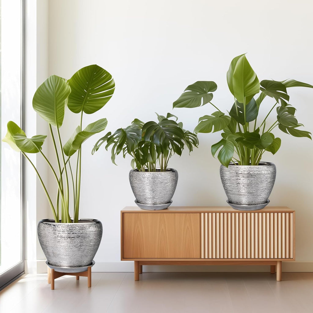 Ceramic Planters - 10 Inch 8 Inch 6 Inch Plant Pots Indoor with Drainage Holes and Saucer Mid-Century Large Planters Outdoor Flower Pots for Home Decor Set of 3 Silver