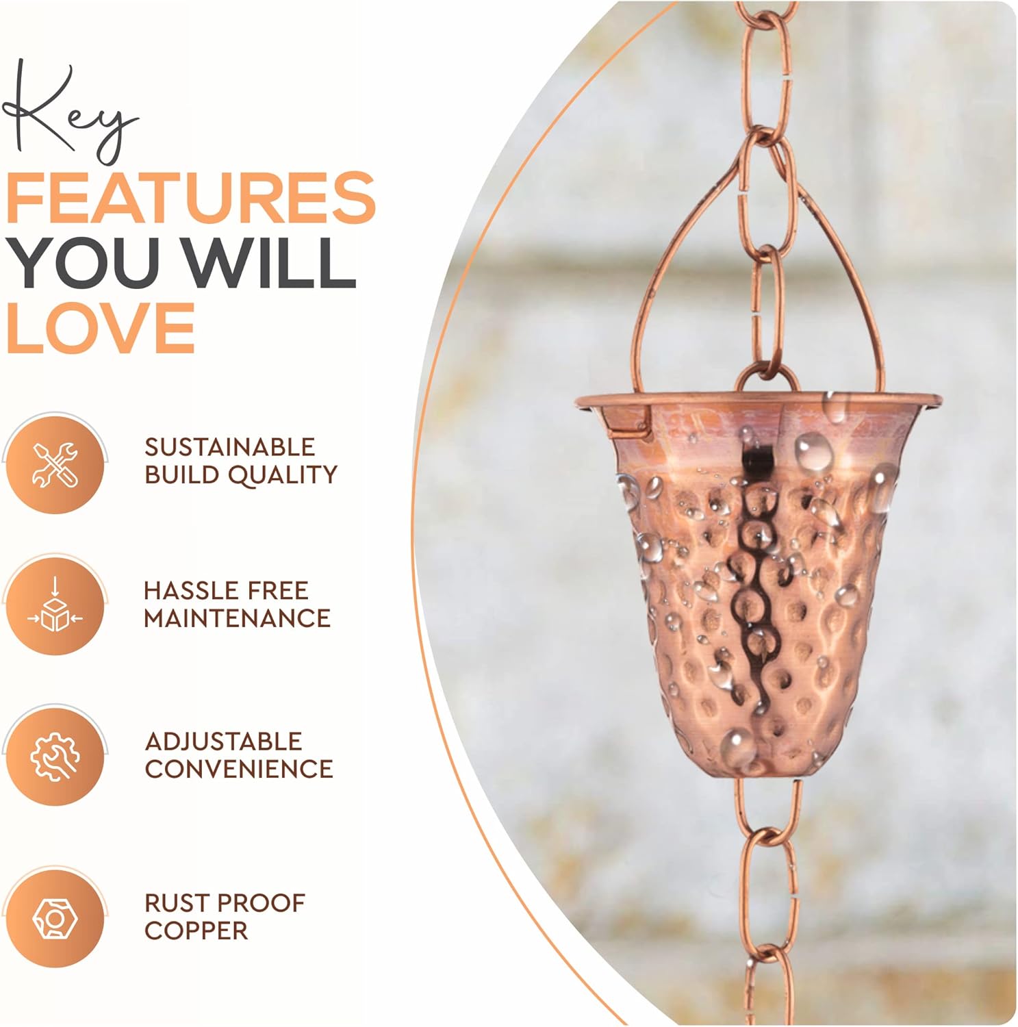 Copper Hammered Rain Chain – Decorative Chimes & Cups Replace Gutter Downspout & Divert Water Away from Home for Stunning Fountain Display – 3’ Long for Universal Fit – Bell Style