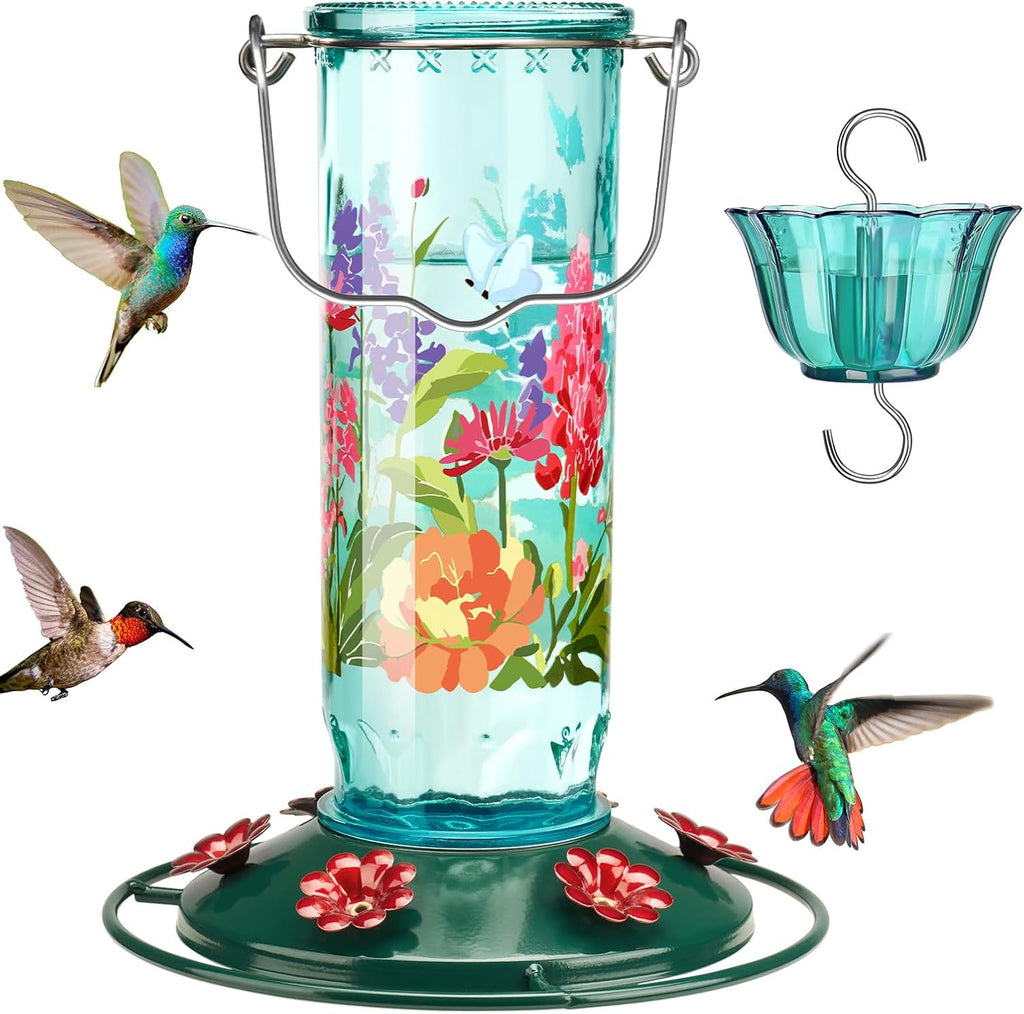 Kingsyard Hummingbird Feeder for Outdoor Hanging - Charming Patterned Glass Humming Bird Feeder with 6 Feeding Ports and Ant Moat, Ideal Gift Choice for Bird Lovers, Blue