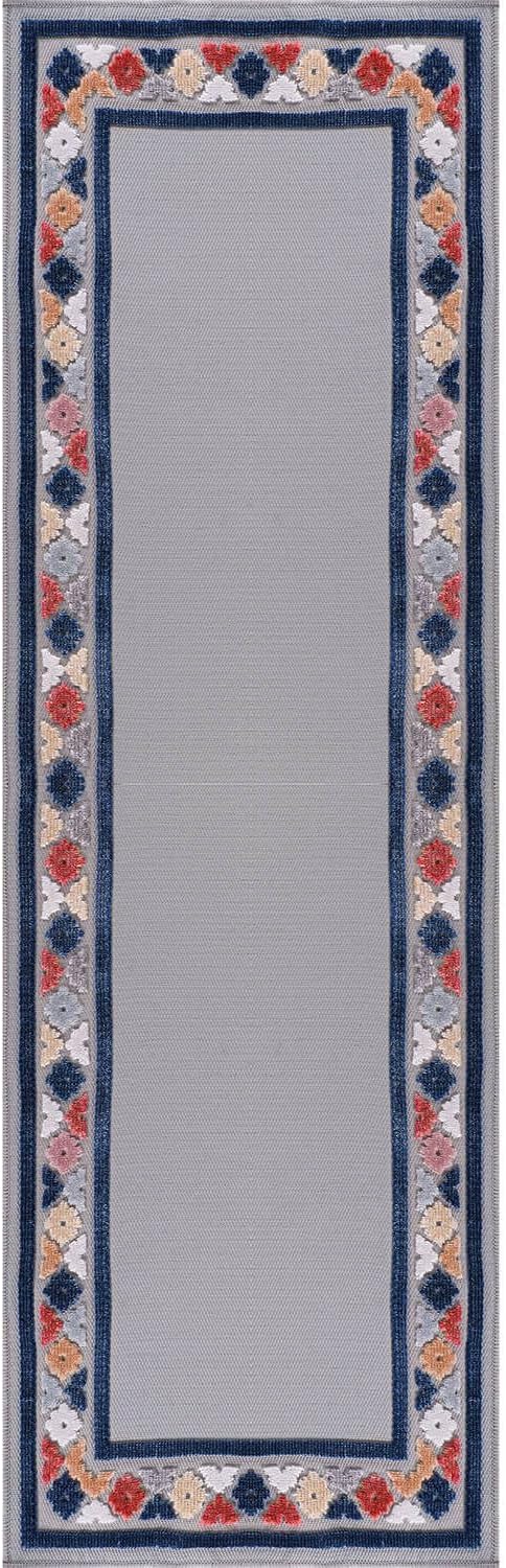 Beverly Rug Outdoor Runner Rug 2x7 Modern Floral Bordered Area Rugs for Indoor and Outdoor Patio Easy to Clean Non Shedding Living Room Porch Garden Washable Outside Carpet (2 x 7 Gray)