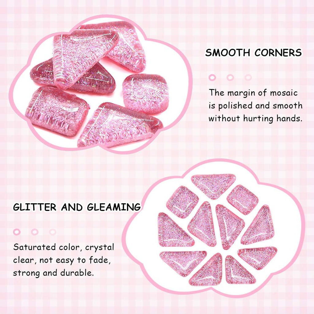 Swpeet 1 Pound Pink Shine Crystal Series Mosaic Tiles Assortment Kit, Square and Triangle Genuine Mosaic Tiles Glitter Crystal Mosaic Perfect for Home Decoration Crafts