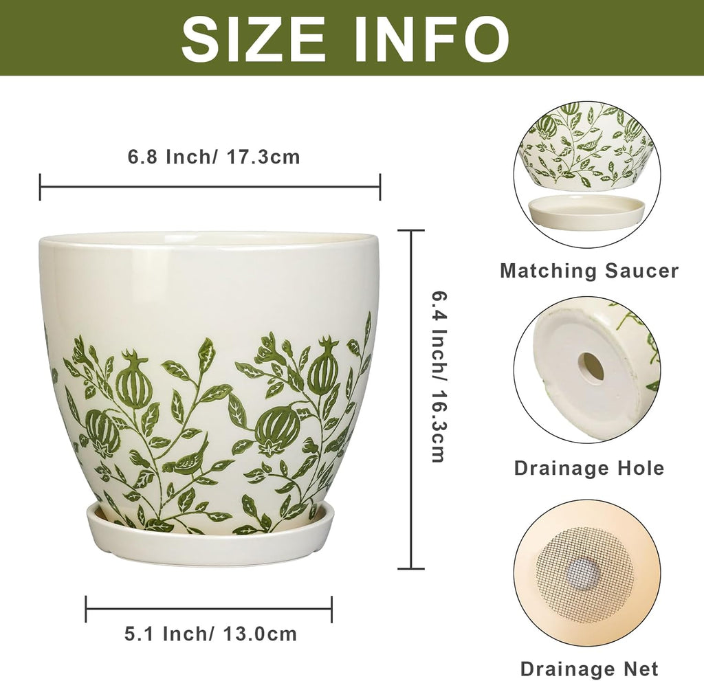 Ceramic Pot for Plants 6.8 Inch - Ceramic Plant Pot Indoor with Drainage Hole and Saucer, Round Boho Planter for Indoor Outdoor Plants, Plant Lover Gifts, Home Office Garden Decor, White