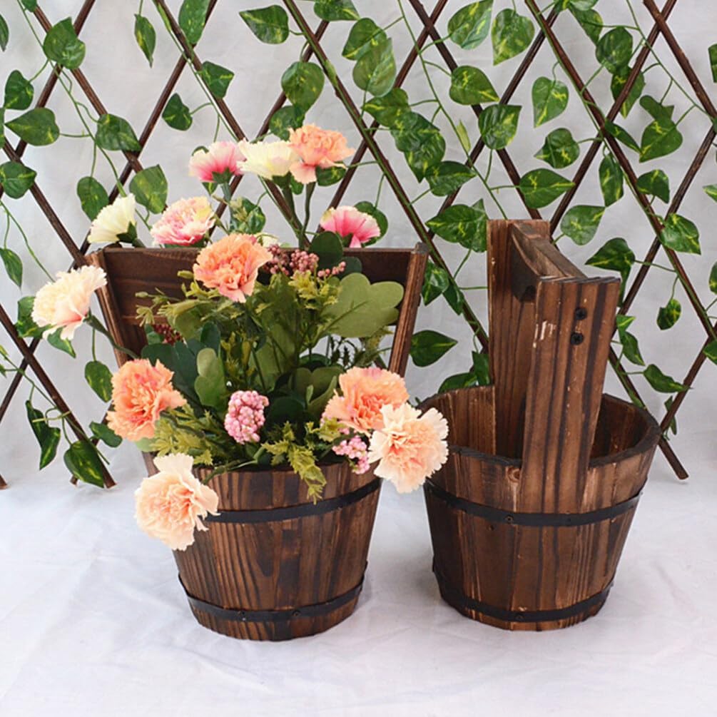 GANAZONO Wooden Bucket,Water Wishing Well Pail Vintage Style Primitive Planter Rustic Flower Planters Pots Container for Garden Home Plants