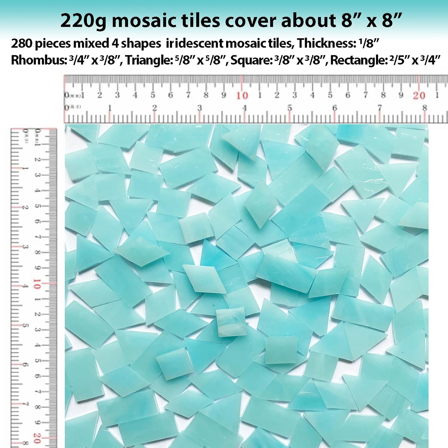 Iridescent Aqua Stained Glass Mosaic Tiles, 280 Pieces Mixed 4 Shapes Stained Glass Supplies for Mosaic Projects
