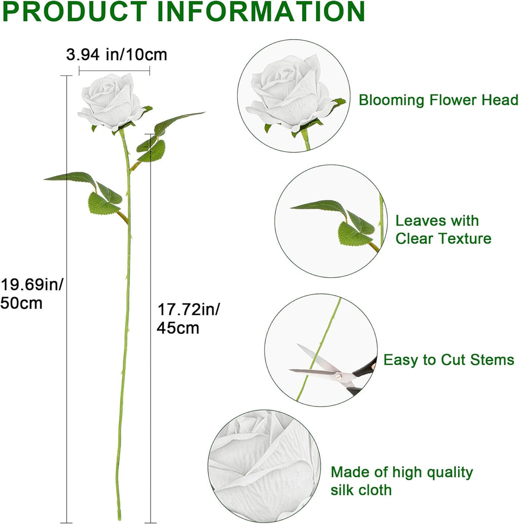 Fake Plants Roses Flowers Plastic Flowers Spring Decorations for Home Gifts for Gf Roses Artificial Flowers for Vase Fake Flowers Home Decor 19.6”(50PCS White)