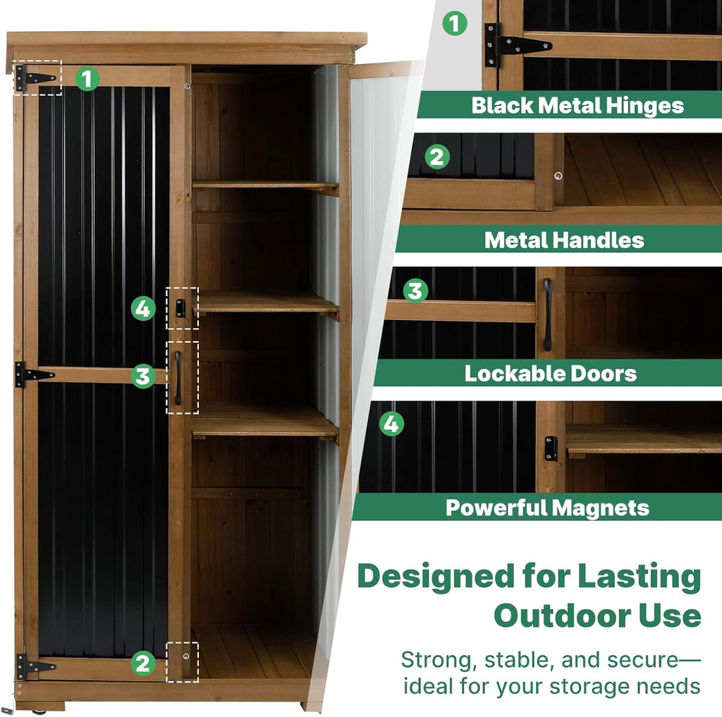 Outdoor Storage Cabinet, Wood & Metal Tall Tool Shed with Weather-Resistant Roof, Double Lockable Doors, 3 Removable Shelves & Adjustable Feet, for Patio, Garden, Backyard, 32" x 15.5" x 66"