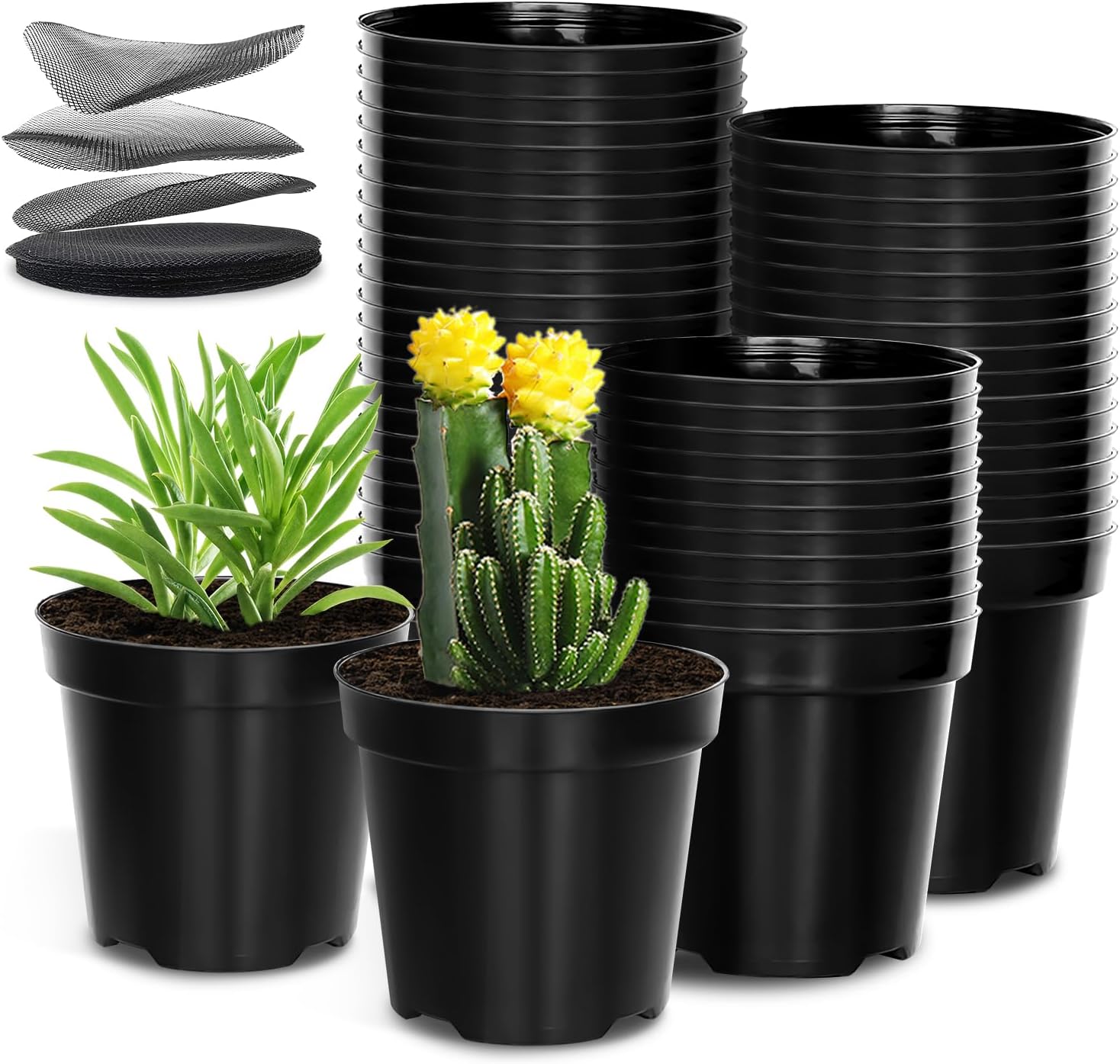 40 Pack 4 Inch Plant Nursery Pots with Mesh Pad, Sturdy Plastic Flower Planter Pots with Drainage Holes, Seed Starter Pots for Planting Seedings Cuttings Succulents Indoor Ourdoor, Black