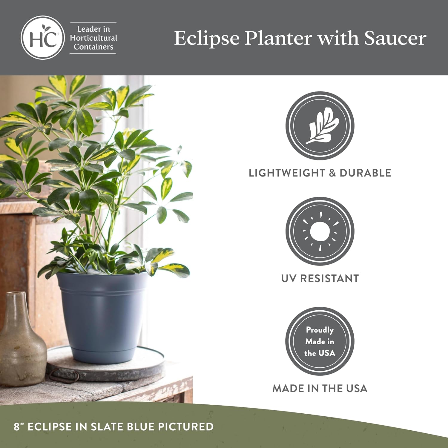 The HC Companies Eclipse Round Planter with Saucer - Outdoor & Indoor Plant Pot with Drainage Holes - Lightweight, UV-Resistant Plastic Pots for Plants, Flowers & Herbs (10" Peacock, Pack of 1)