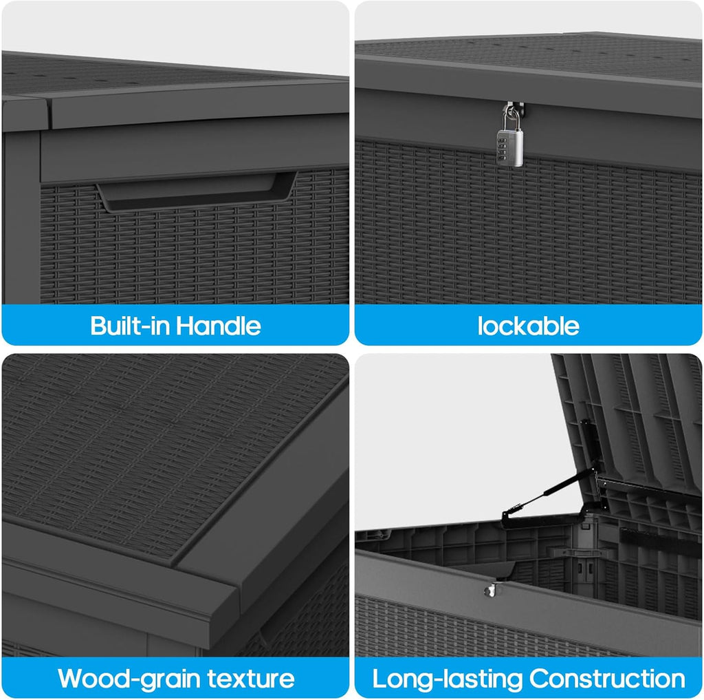 320 Gallon Waterproof Large Resin Deck Box Indoor/Outdoor Lockable Storage Container and Seating for Garden, Pool, and Patio (320 Gallon, Black)