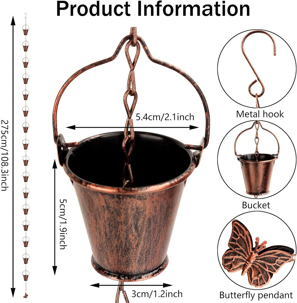 8.66 Ft Gutter Rain Chain, Metal Collector Rain Chain for Eaves Drainage, 16 Cup Small Bucket Metal Decorative Gutter Rain Chain, Outdoor Decorative Rain Chain (Brown)