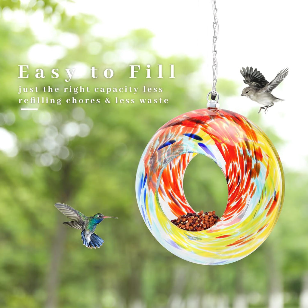 VCUTEKA Bird Feeder Solar Fly Through Bird Feeders for Outside Hanging with Round Shape Glass Container to Attract Wild Birds for Garden Decor, Solar Birdfeeder as Gift for Lovers, Red 8-Inch