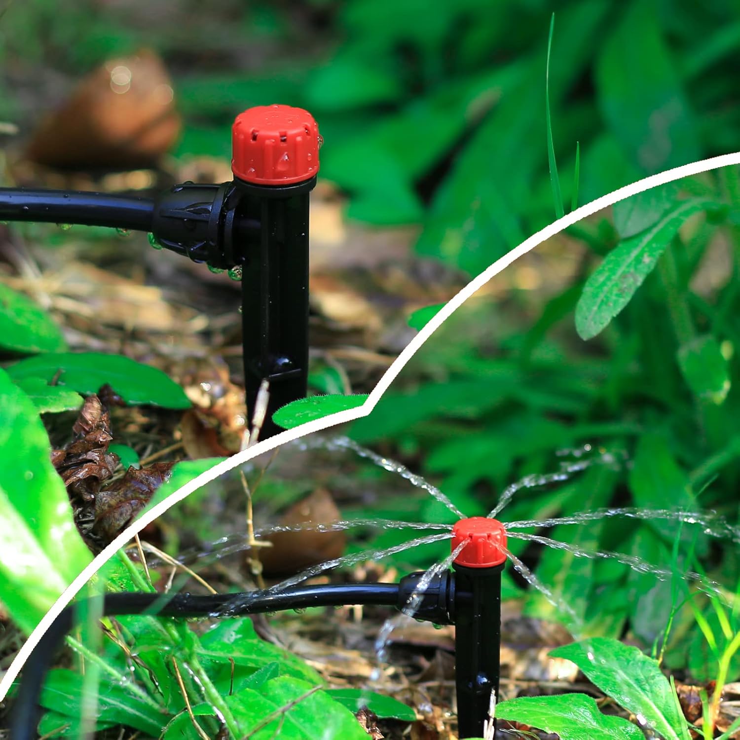 Drip Irrigation Emitters Adjustable 360 Degree Drip Emitters on 5" with Stake for 1/4" Drip Irrigation Tubing,Irrigation Drippers Ideal for (4-7mm) Garden House Watering System. (25pcs-Red Drip)