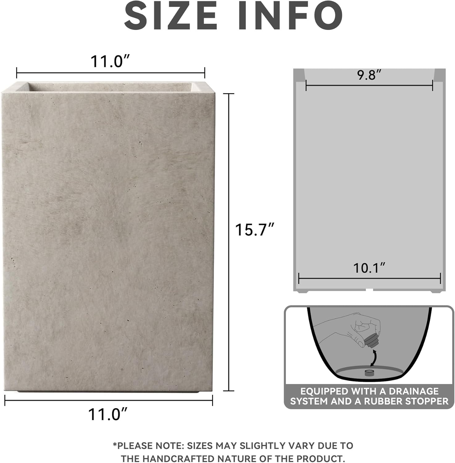 Kante 15.7" H Tall Rectangular Concrete Planters, Outdoor Indoor Lightweight Plant Pots with Drainage Hole and Rubber Plug, Modern Style for Home Garden Patio, Weathered Concrete