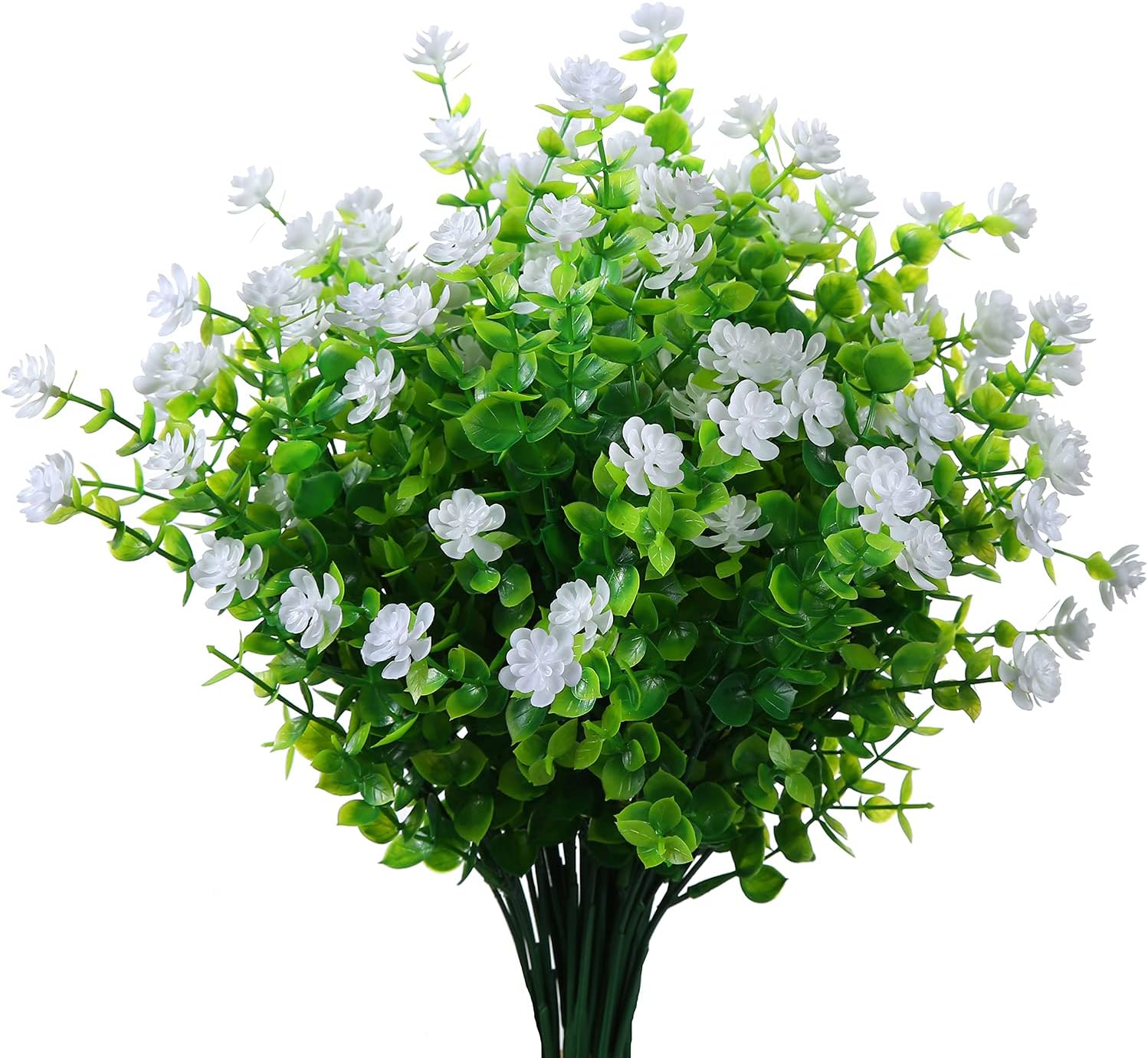 Artificial Plants Flowers Grass Shrubs 8 Pack No Fade Faux Plastic Flowers Outdoor for Vases Farmhouse Garden Porch Patio Office Indoor Wedding Decoration Greenery Fake Plants (2#White)