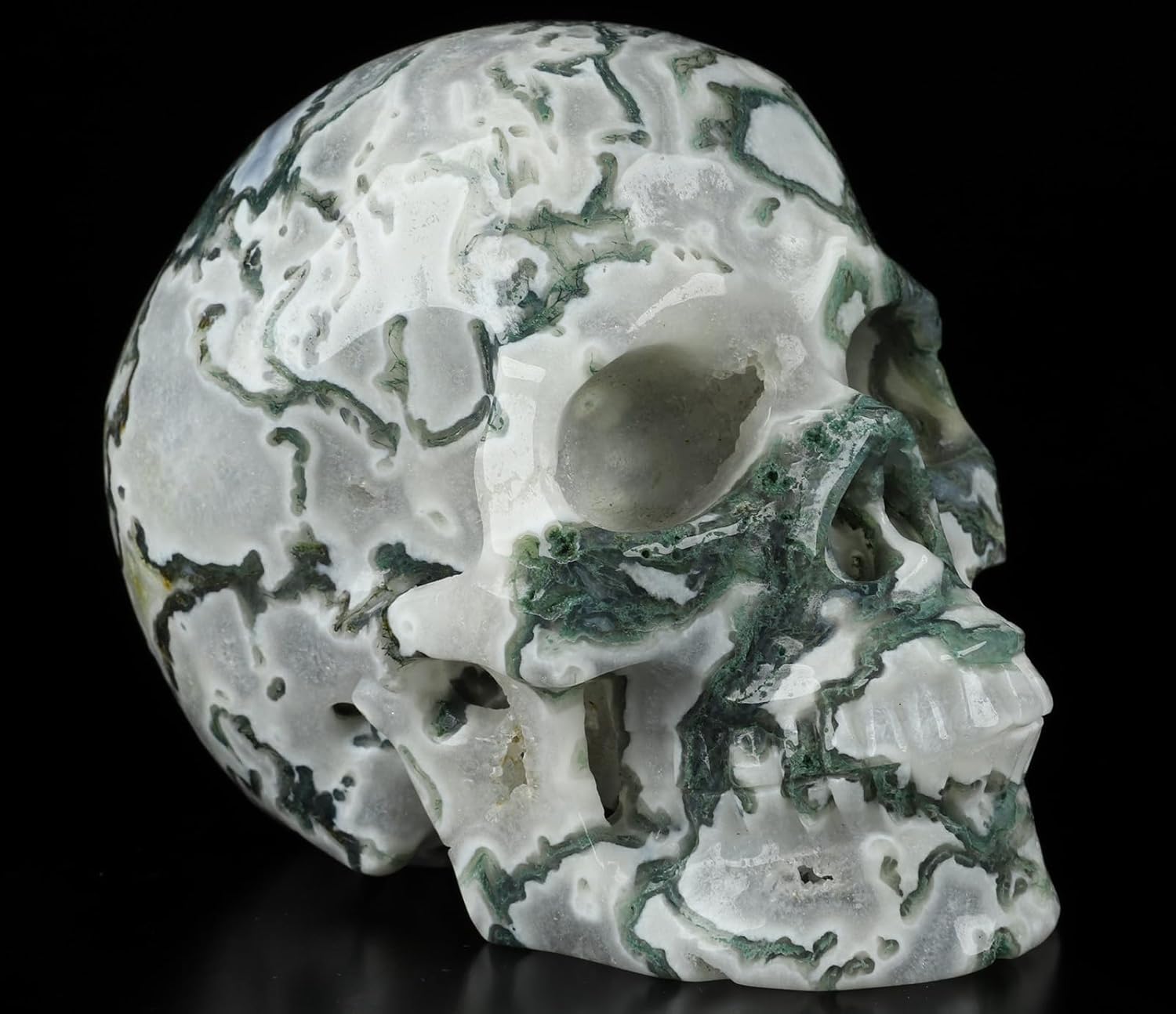 Skullis 5.0” Green Moss Agate Crystal Skull, Hand Carved Gemstone Fine Art Sculpture, Reiki Healing Stone Statue.2054