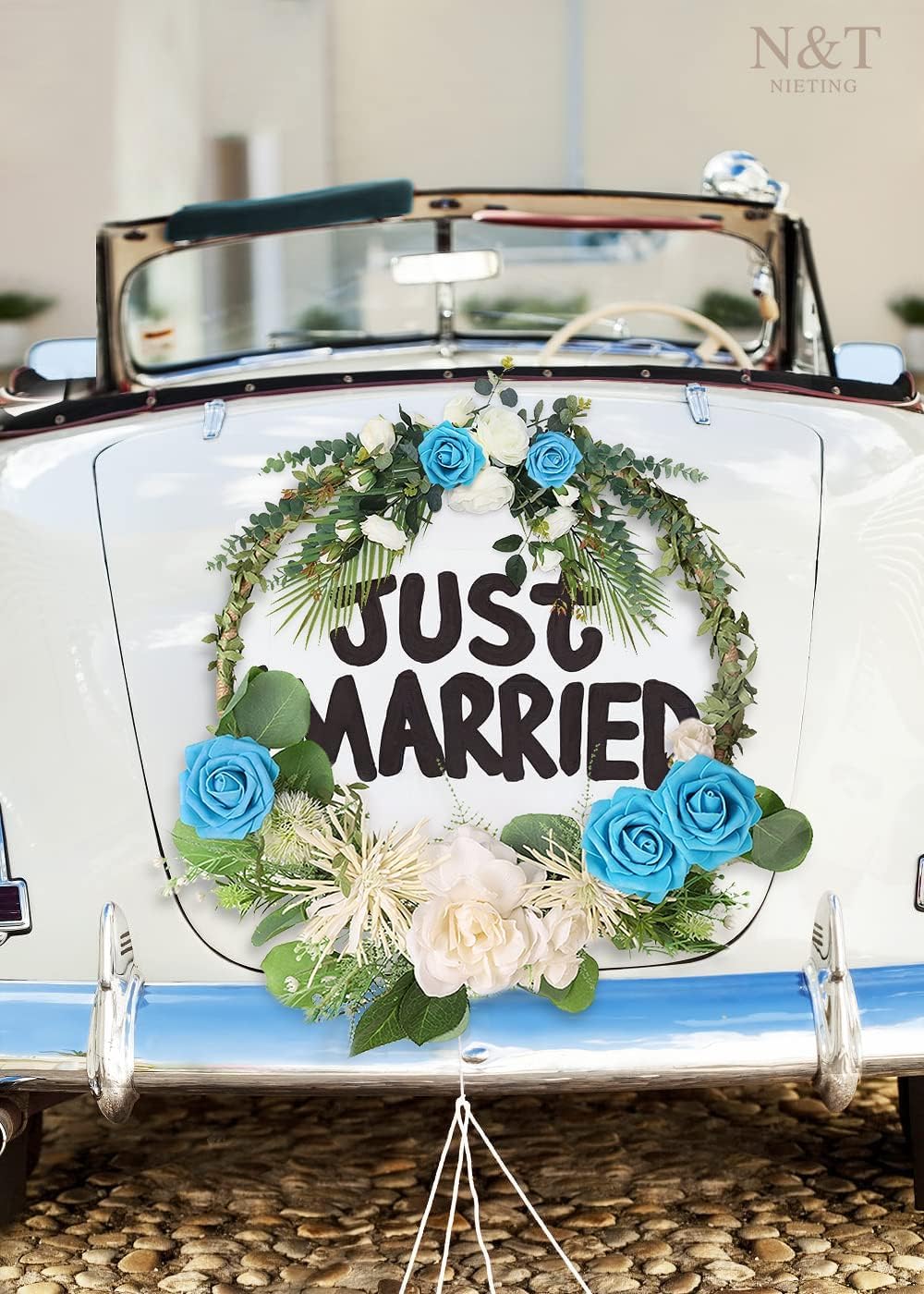 N&T NIETING Artificial Flowers 50pcs Real Looking Blue Foam Fake Roses with Stems for DIY Wedding Bouquets White Bridal Shower Centerpieces Arrangements Party Tables Decorations