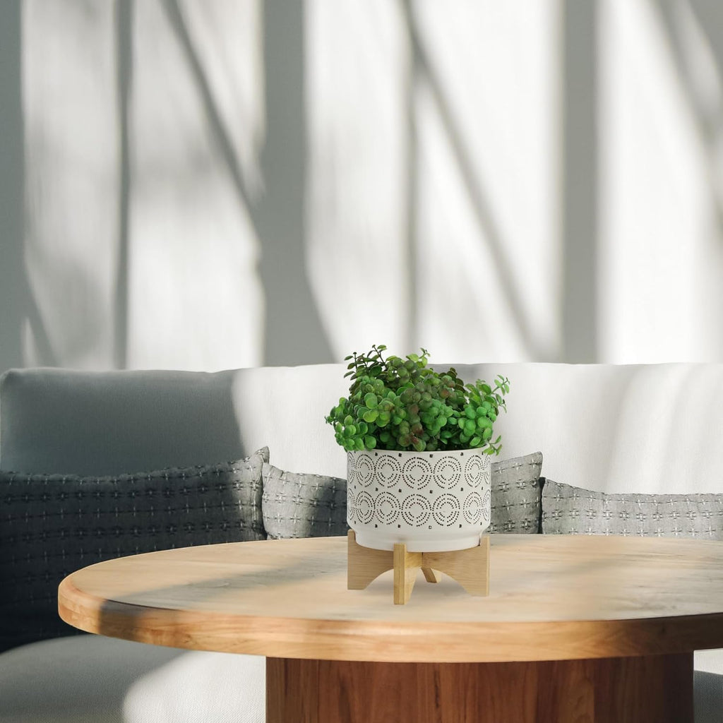 Sagebrook Home Ivory Ceramic Planter with Wooden Stand - Decorative Indoor/Outdoor Plant Pot - Modern Boho Home & Garden Decor - Stylish Round Flower Pot for Succulents & Herbs - 8", Ivory & Tan