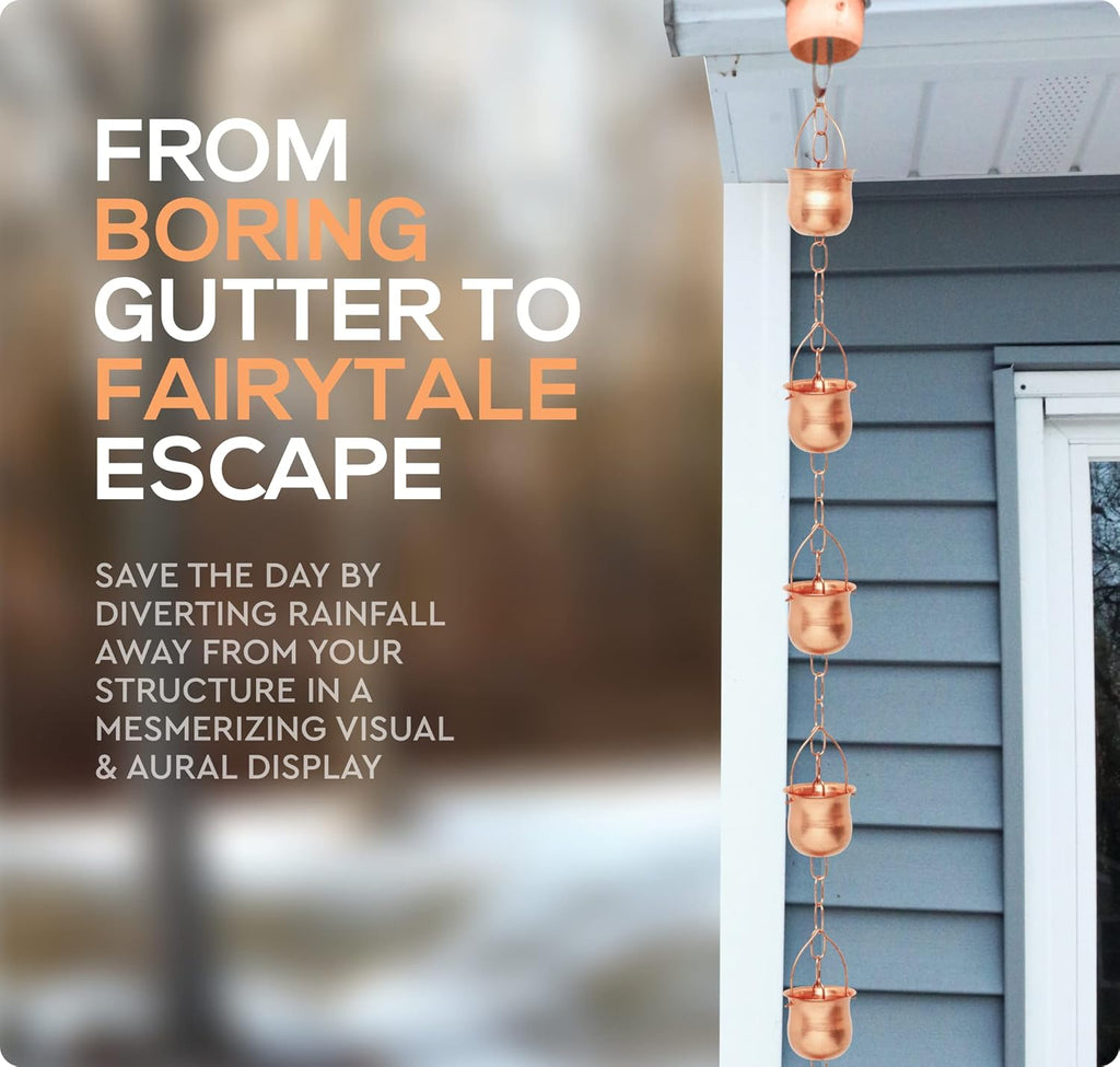 Copper Rain Chain – Decorative Chimes & Cups Replace Gutter Downspout & Divert Water Away from Home for Stunning Fountain Display – 3’ Long for Universal Fit – Pot Style…