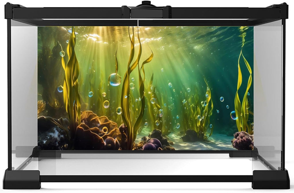 Aquarium Background Underwater Beautiful Coral Reef with Seaweed Bubbles Terrarium Backdrop Aquatic Plants Sunlight Rays Fish Tank Background Tank Aquarium Wallpaper Poster Decor Vinyl 30x18in