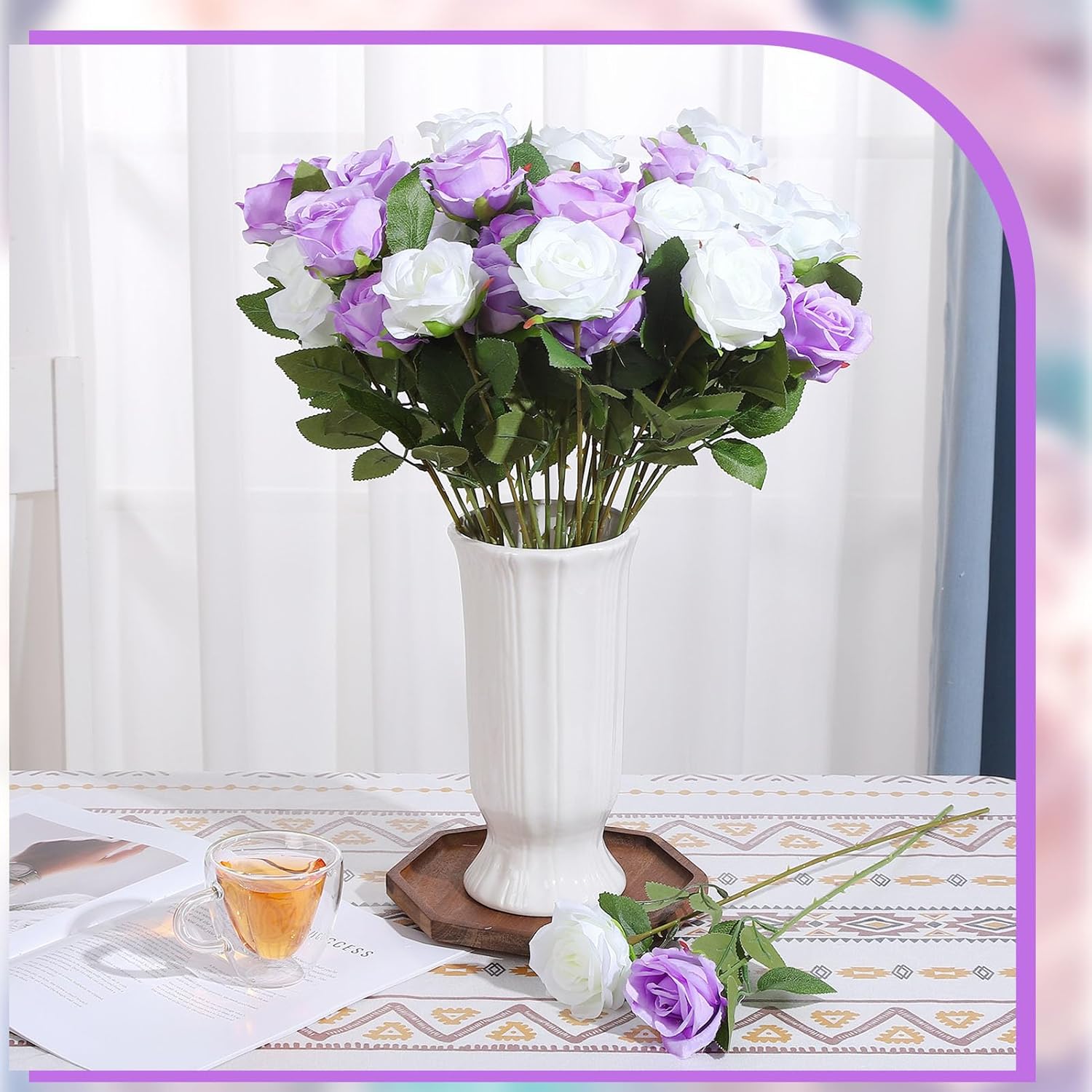 Hoemwarm 36 Pcs Silk Purple White Rose Bouquet Bridal Artificial Flowers,Fake Rose Long Stem Realistic Flowers Bulk for Wedding Bouquet Ball Arrangement Centerpiece Party Decor