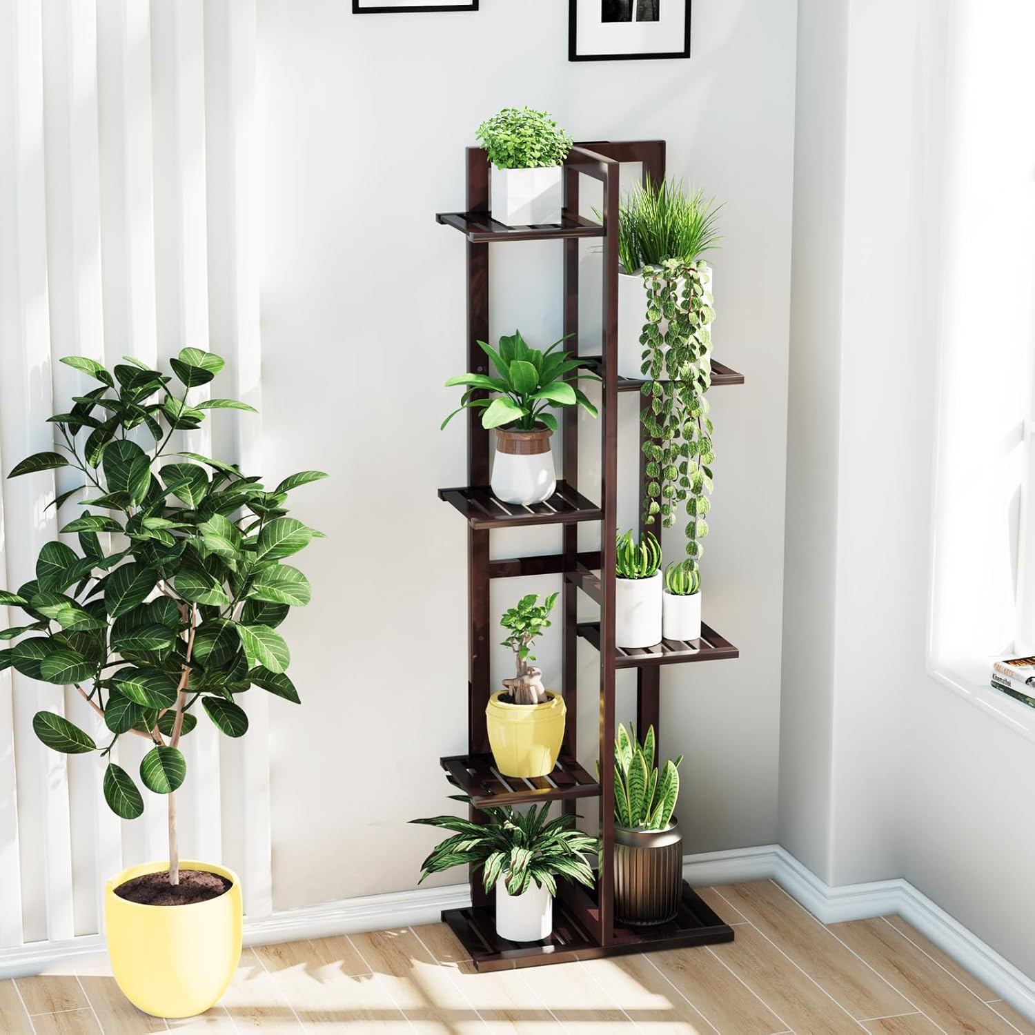 DolceLuna Plant Stand Indoor 6 Tier, Bamboo Plant Shelf Corner Display Rack, 46 Inch Tall Multiple Planter Pot Holder, Space-Saving Flower Stand for Living Room Balcony Garden Patio