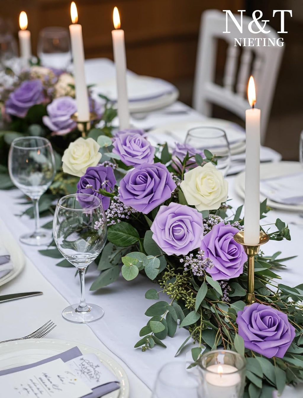 N&T NIETING Artificial Flowers, 25pcs Fake Flowers Rose with Stems Perfect for DIY Wedding Bridesmaid Bridal Bouquets Centerpieces Home Flower Arrangement Decoration, Series Purple