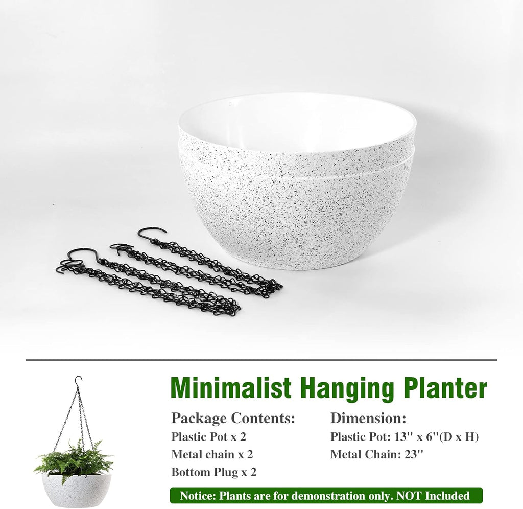 13 inch Large Hanging Planters Plant Pots for Outdoor Indoor Plants with Drainage Holes and Chain, 2 Pack Round Hanging Flower Pots for Garden Home Porch Decor, Speckled White