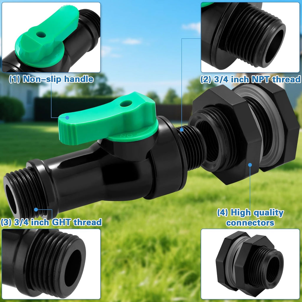 Plastics Rain Barrel Spigot Kit,High Flow Valve Core Water Tank Faucet+PVC Bulkhead Fitting,Straight Head 3/4 NPT to 3/4 GHT Rain Barrel Spigot for Plastic Bucket rainwater Drum Container