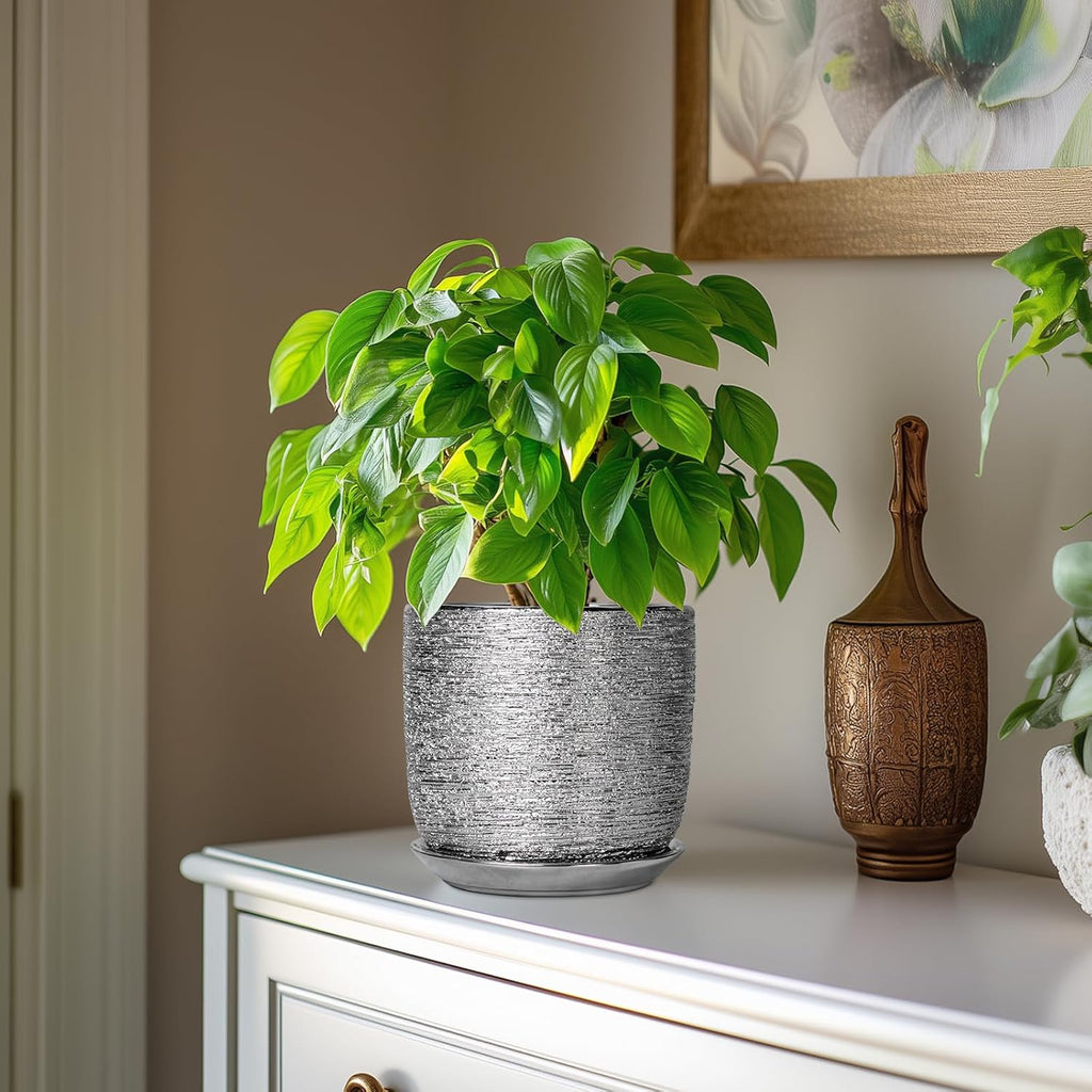 Ceramic Flower Pot - 7 Inch Ceramic Plant Pot for Indoor Flowers, Modern Outdoor Round Planter with Drainage Hole and Saucer, Gifts for Plant Lovers, Home Garden Decor, Silver