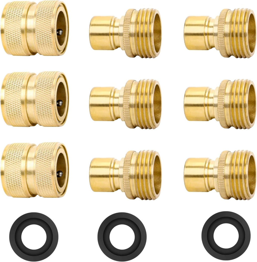 STYDDI Brass Full Flow Garden Hose Quick Connect Fittings, Full Port Solid Brass Outdoor Water Hose Quick Disconnect Connector Coupler with Male and Female - 6 Male and 3 Female
