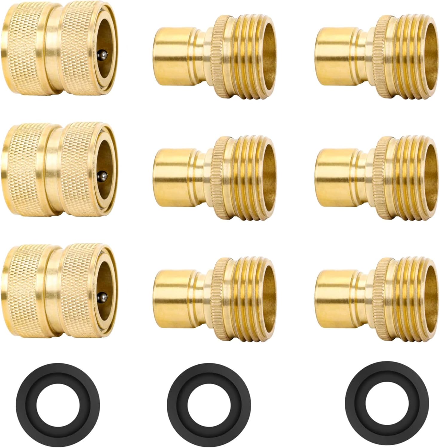 STYDDI Brass Full Flow Garden Hose Quick Connect Fittings, Full Port Solid Brass Outdoor Water Hose Quick Disconnect Connector Coupler with Male and Female - 6 Male and 3 Female