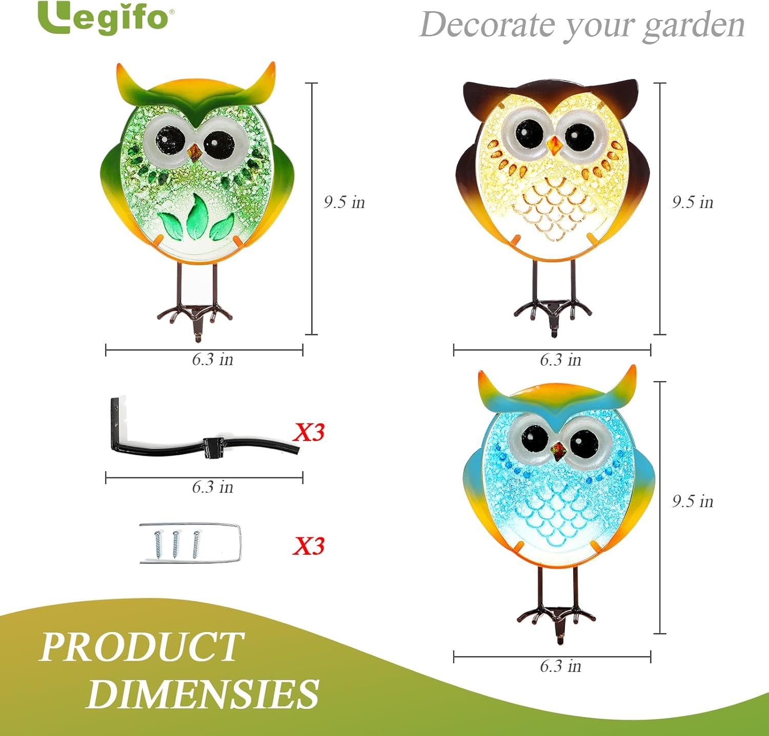 Owl Garden Decor for Outside, Stand & Tree Hugger Outdoor Owls Statues Yard Art Set of 3, Funny Metal & Glass Figurines Gifts for Grandma Mom Women
