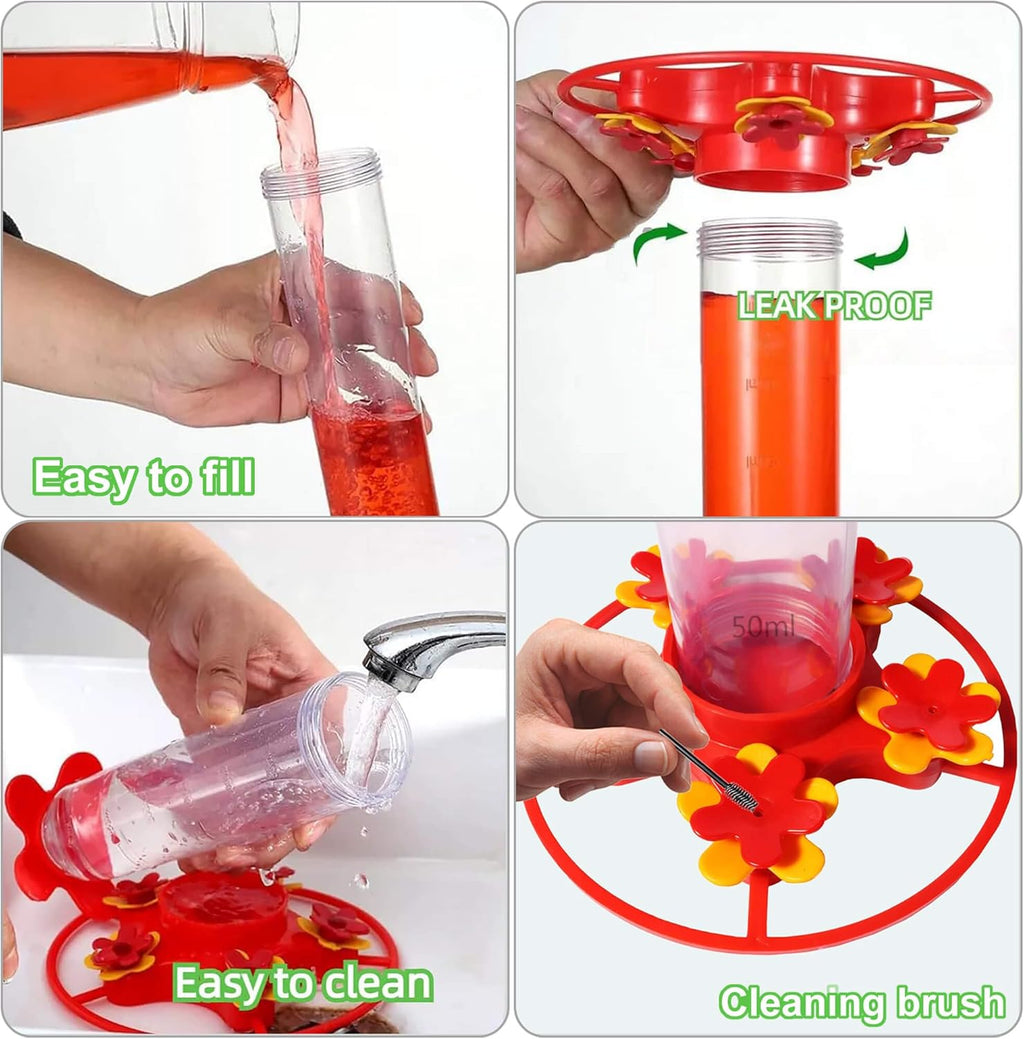 Hummingbird Feeders for Outdoors Hanging (2 Pack) 5 Feeding Ports 320 ml Plastic Hummingbird Feeder, Bee-Proof Leak-Proof No Drip, Easy to Clean with Cleaning Brush