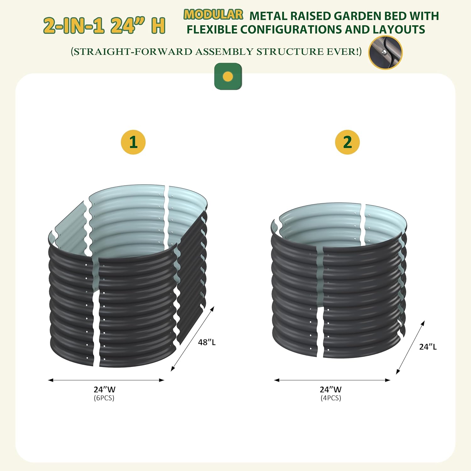 MUPATER 24” Raised Garden Bed, 2-in-1 Raised Garden Bed, 304 Stainless Steel Garden Bed, 4×2×2FT Modular Raised Planter Box Outdoor for Flowers, Vegetables, Grey