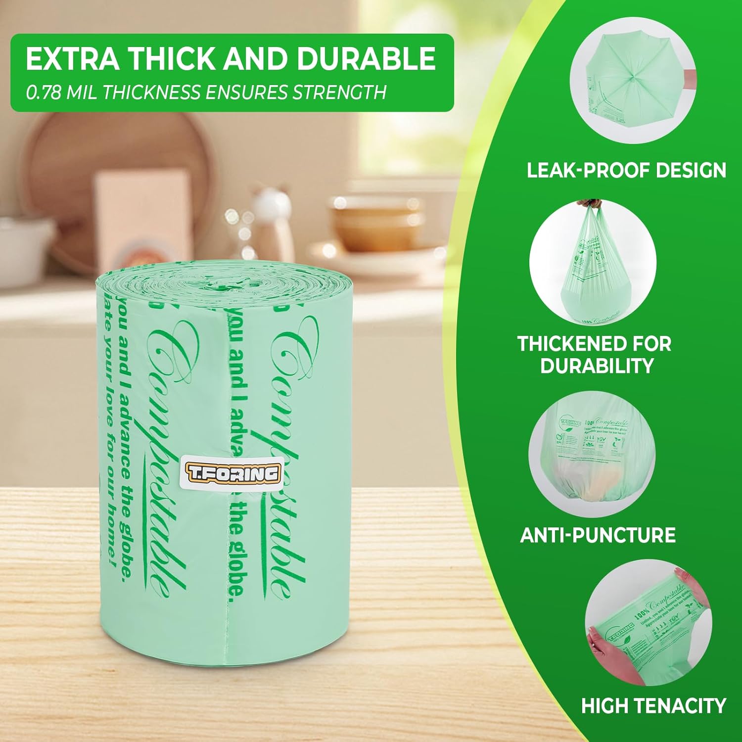 Small Compost Bags with Handle Tie,1.6 Gallon Compostable Food Scrap Bags For Counter Top Compost Bin, 80 Count, 6 Liter, BPI & OK compost INDUSTRIAL Certified