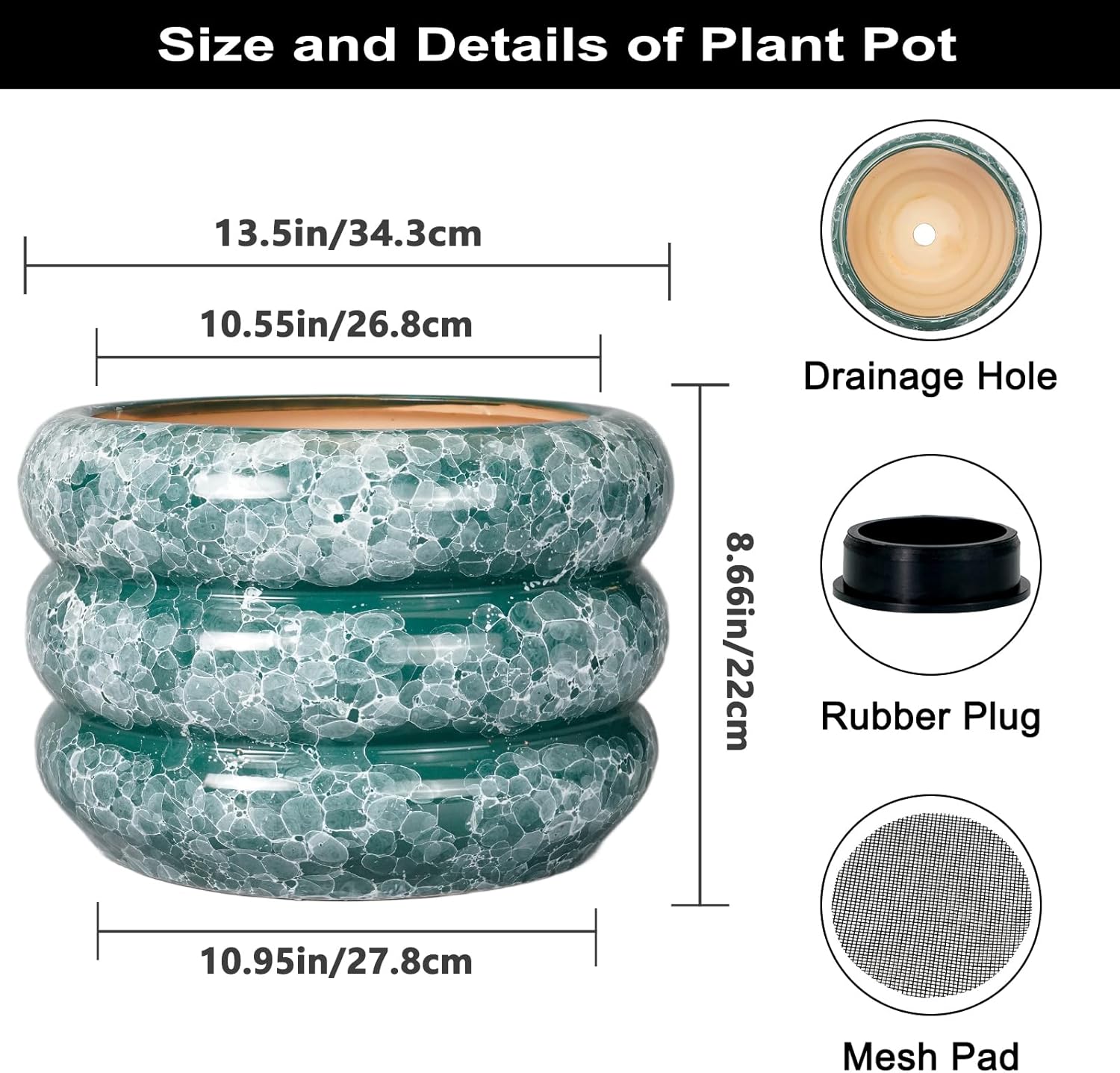 SQOWL Ceramic Planter for Indoor Plants 13.5 Inch - Large Plant Pot with Drainage Hole Outdoor Flower Pot Round Planter Decorative Plant Pot for Garden Bathroom Decor Green