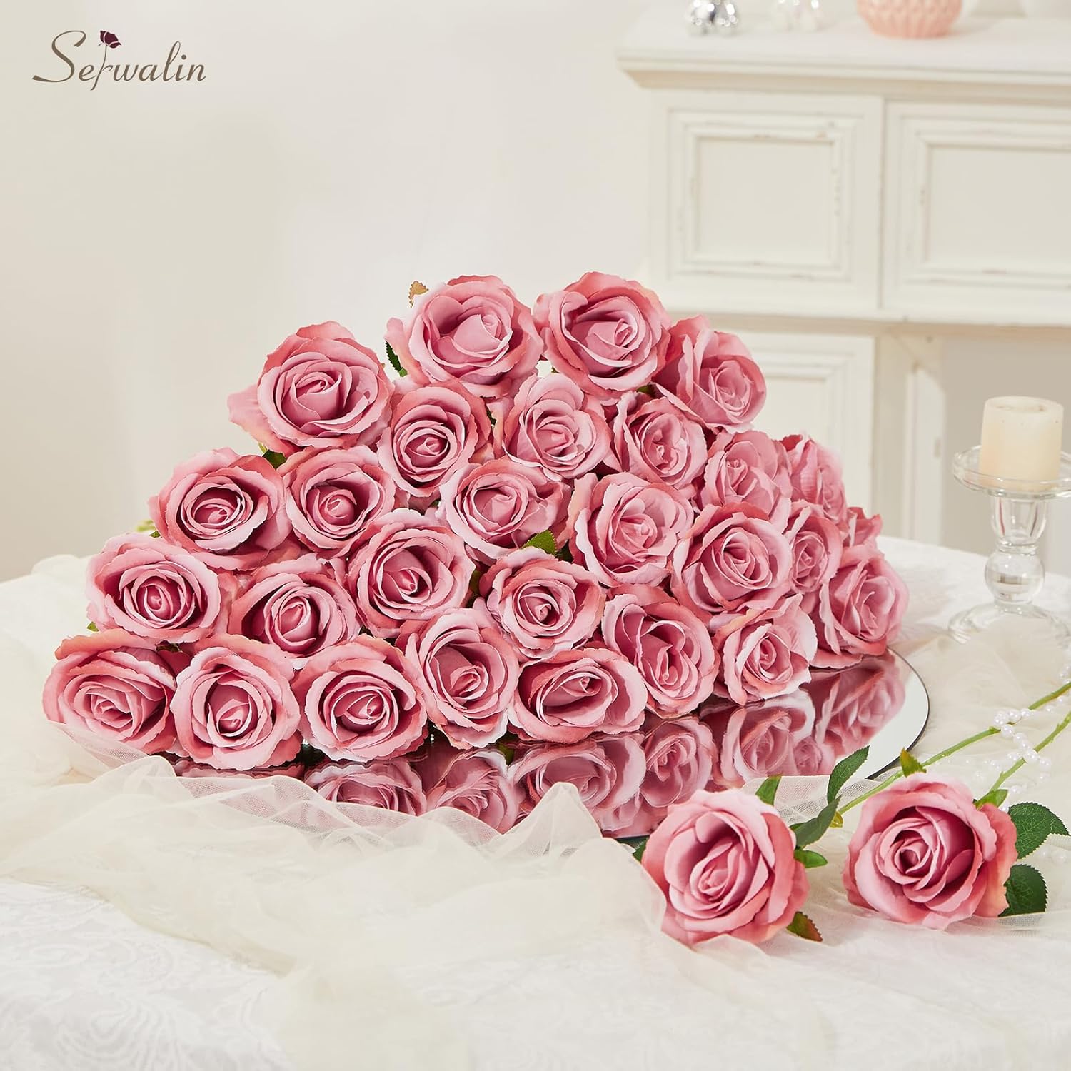 Serwalin 30pcs Artificial Roses Flowers, Dusty Pink Roses with Long Stems Realistic Fake Silk Roses Flowers for DIY Wedding Bouquet Centerpieces Party Home Table Decor