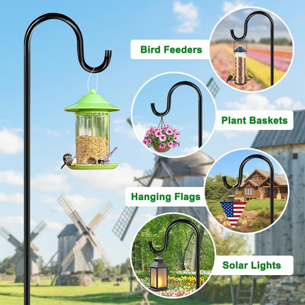 96" Shepherds Hooks for Outdoor, Heavy Duty Garden Bird Feeder Pole Hanging Bird Feeder, Solar Light Lanterns, Outdoor Plant Hanger Hook with 7 Base Prongs, 1 Pack