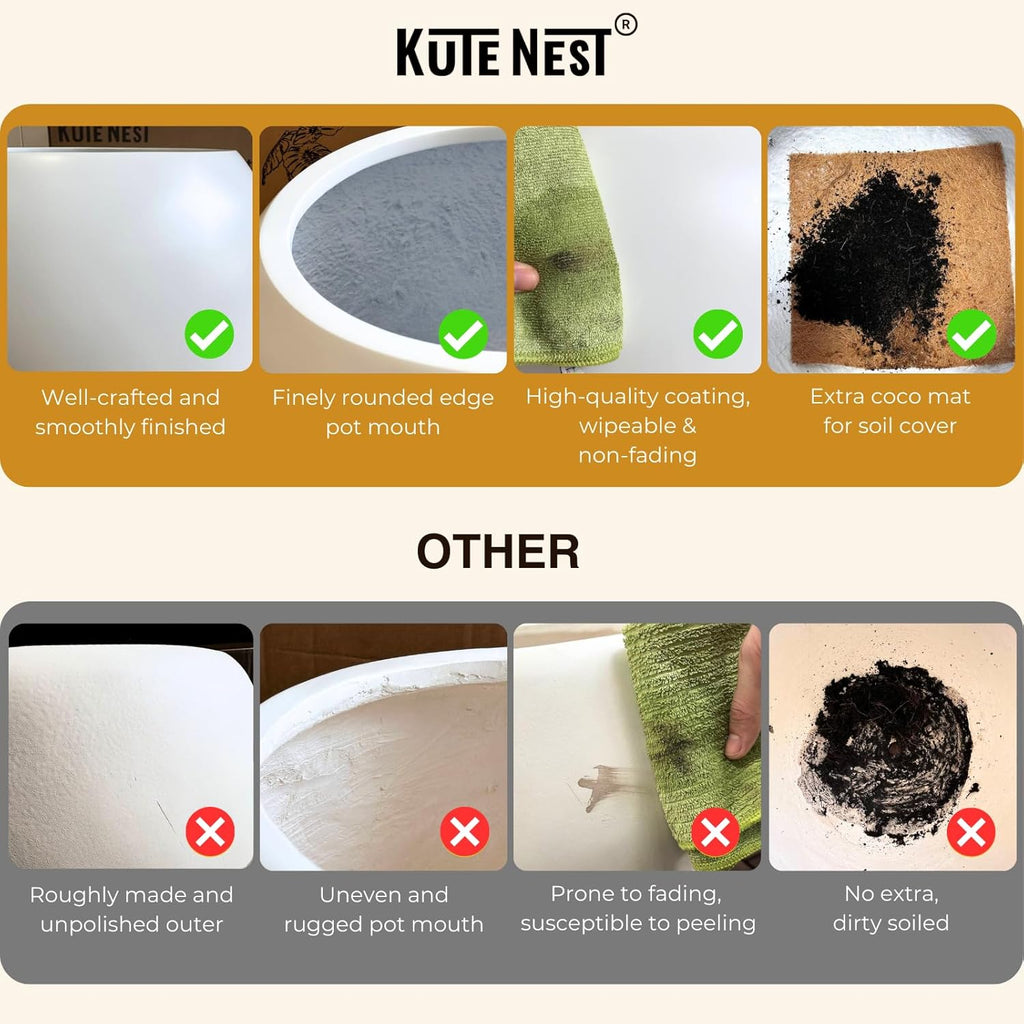 21" H x 19" D Corso Fiberstone Round Tapered Planter with Drainage Hole, Smooth Finishes, for Indoor and Outdoor Use, Included 2 Extra Coco Mats (White, 15" Pot Opening)