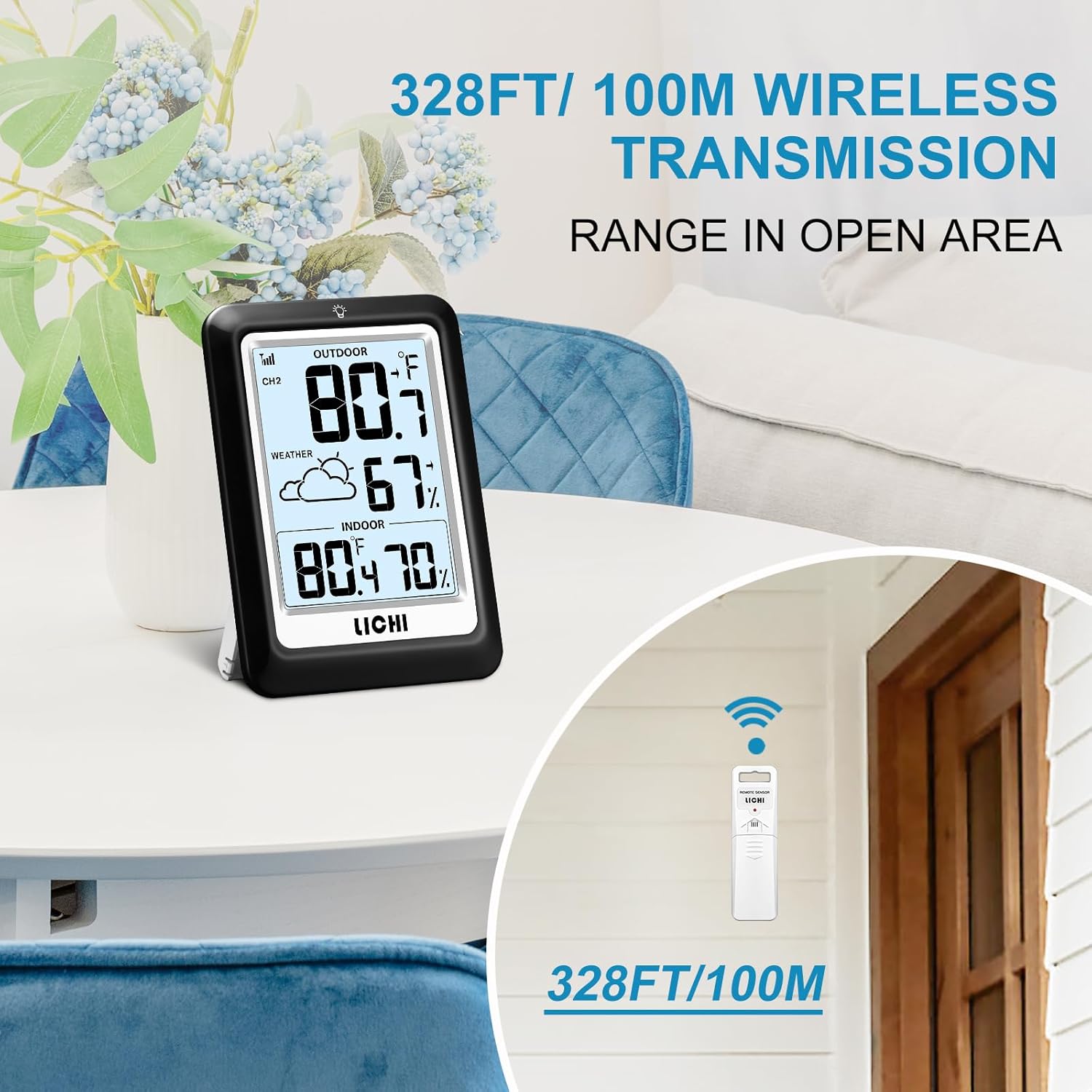 Indoor Outdoor Thermometer Wireless Weather Station, Internal External Thermometer Hygrometer, Home Batteryoperated Temperature Humiditymonitors330 Feet (About 100 Meters) Backlight Display