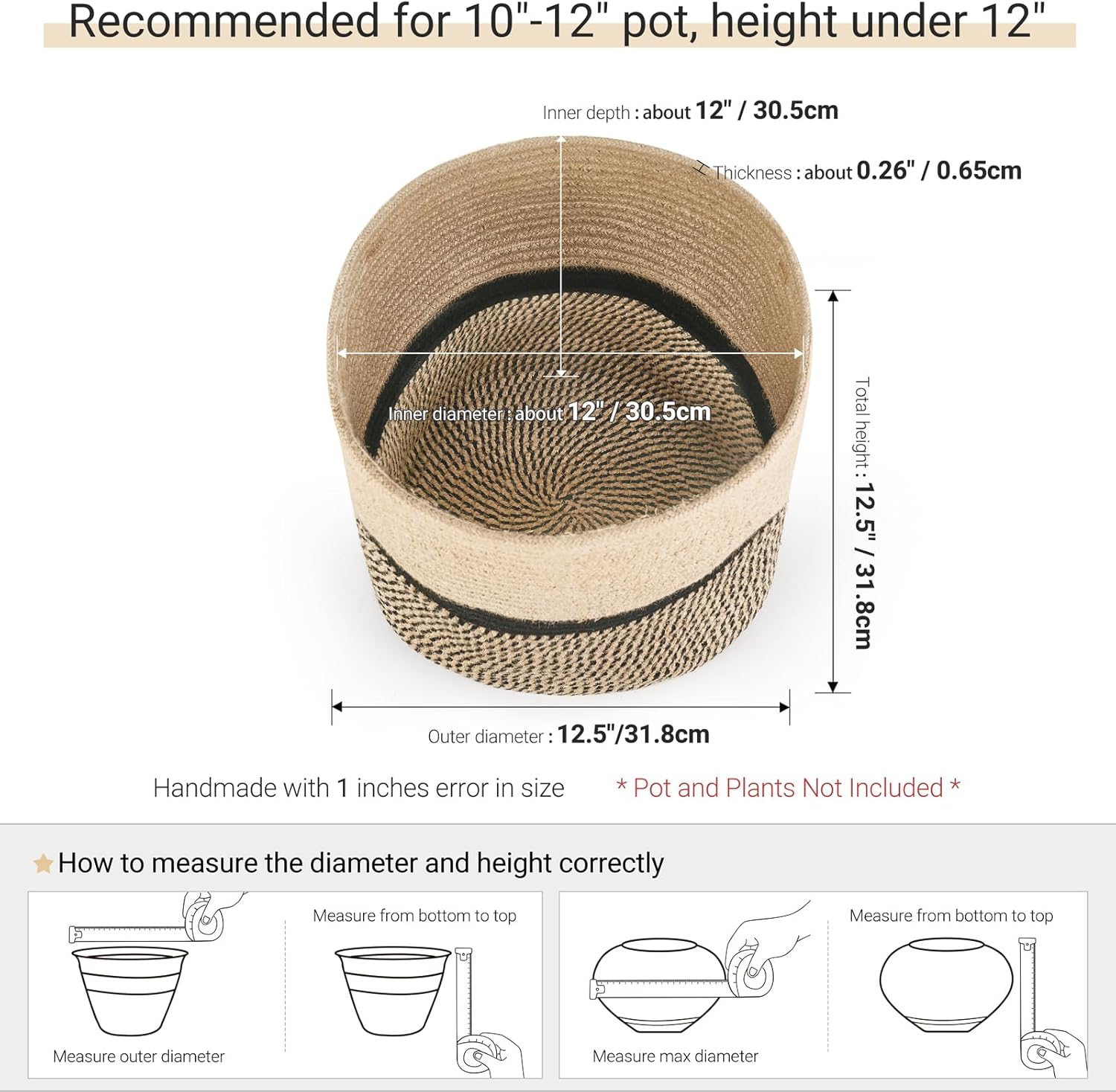 Dahey Jute Rope Plant Basket Modern Woven Storage Basket for 12" Indoor Planter, Decorative Flower Pots Cover Laundry Bin with Handle Rustic Home Decor, Black