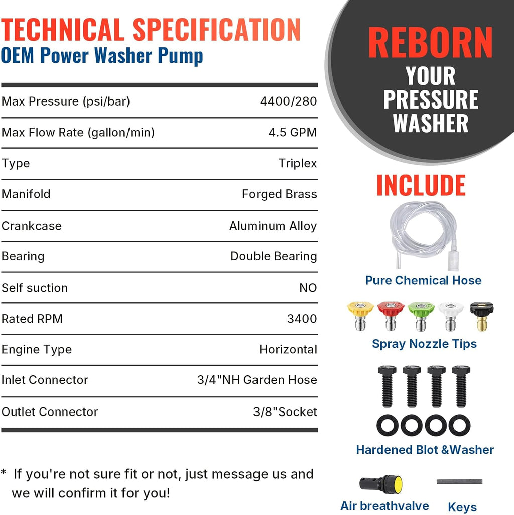 YAMATIC Horizontal Triplex Plunger Pressure Washer Pump 1" Shaft 4400 PSI 4.5 GPM, Replacement for Simpson AAA 90034, 90039,90038, Honda GX340, GX390, GX270 for Industrial Gas Powered Washers
