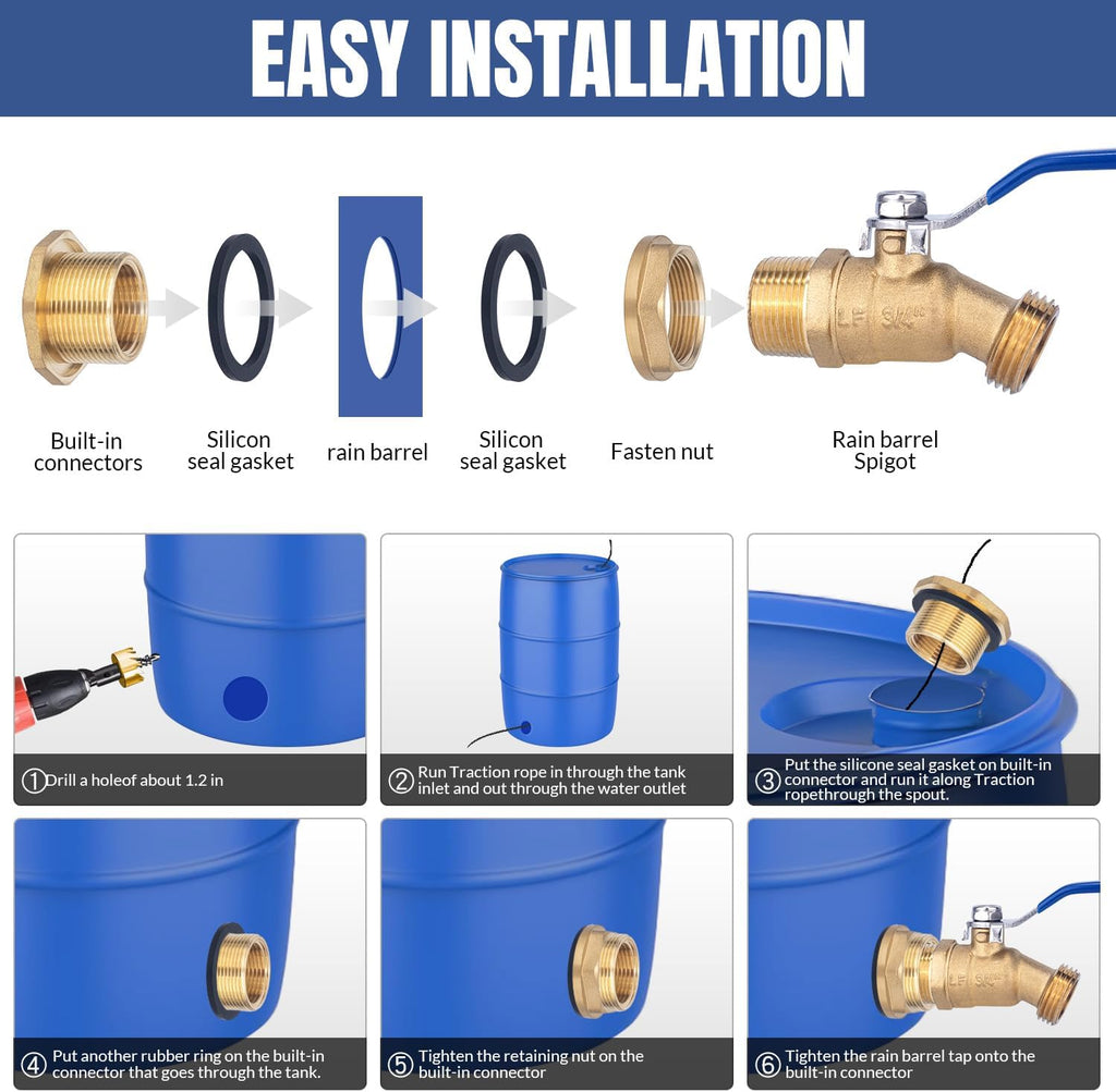 Brass Water Container Rain Barrel Spigot Kit Lead-Free Spigot Kit 55 Gallon Water Tank Ball Valve,3/4"Inlet to 3/4"GHT Male Thread Outlet Suitable for Garden Hose Thread Connection