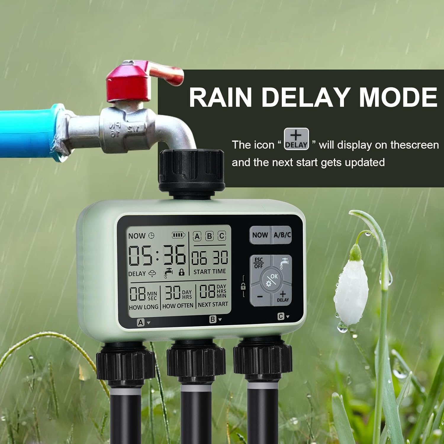 Watering Timer 3 Zone, Sprinkler Timer, Programmable Garden Outdoor Hose Faucet Timer with Rain Delay, Auto & Manual Watering System,Water Hose Irrigation Timers 3 Outlet for Garden