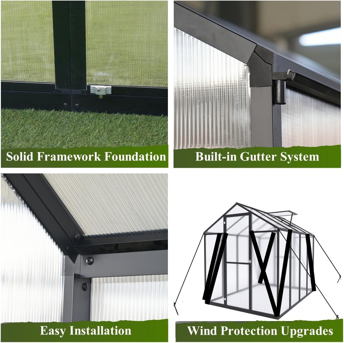 10*14*8.7FT Greenhouse for Outdoors,Polycarbonate Greenhouse with Stronger Wind Protection and Roof Vent,Walk-in Large Aluminum Sunroom Winter Proof,Black