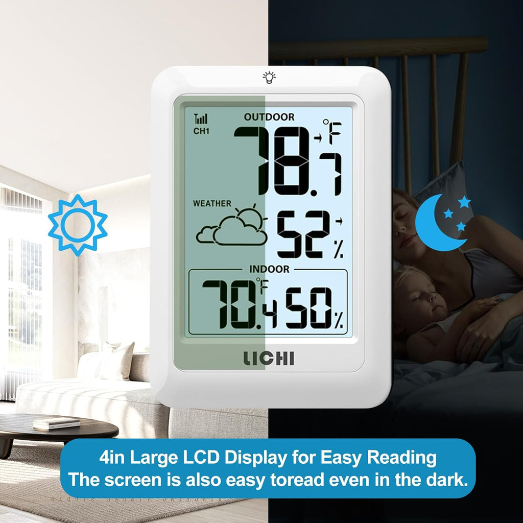 Indoor Outdoor Thermometer Wireless Weather Station, Internal External Thermometer Hygrometer, Home Batteryoperated Temperature Humiditymonitors330 Feet (About 100 Meters) Backlight Display (White)
