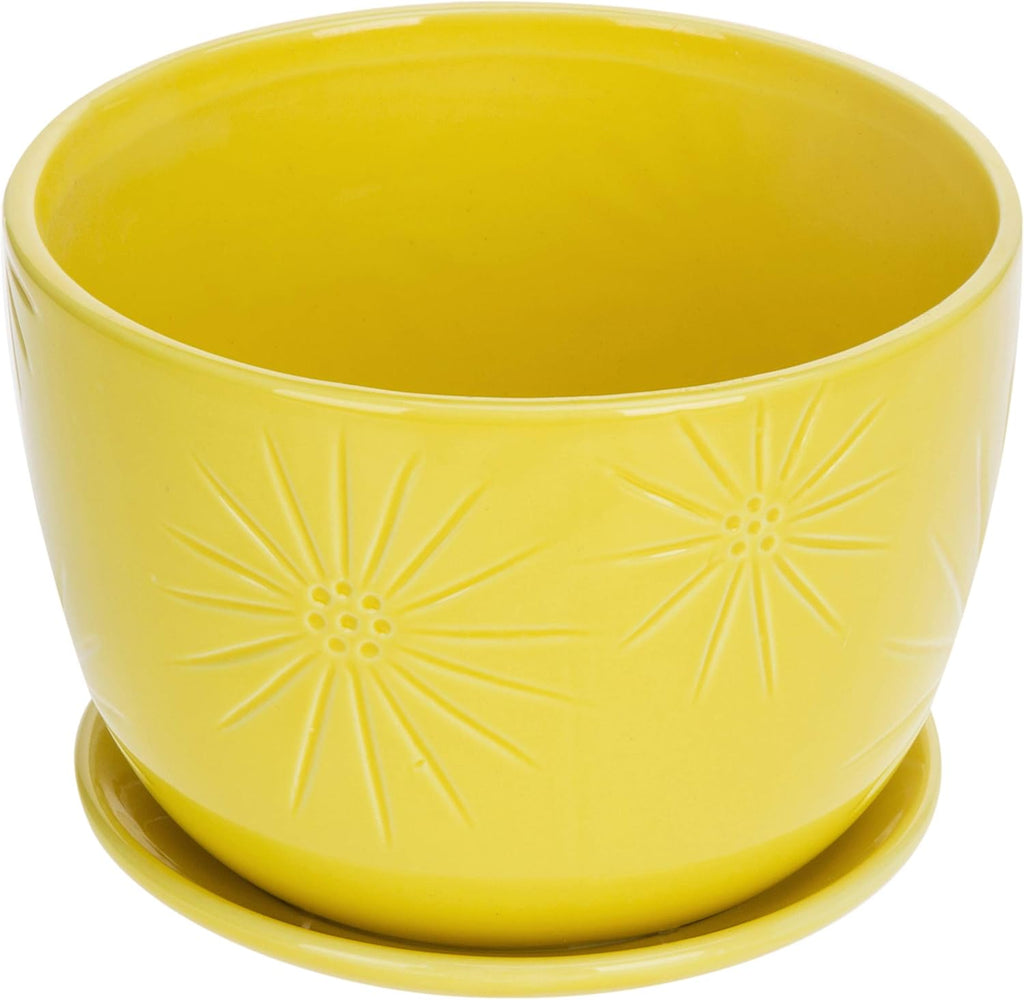 MyGift 7 Inch Round Yellow Ceramic Plant Pot with Drainage Hole and Attached Saucer, Modern Decorative Embossed Sunburst Planter Container for Indoor Home Garden