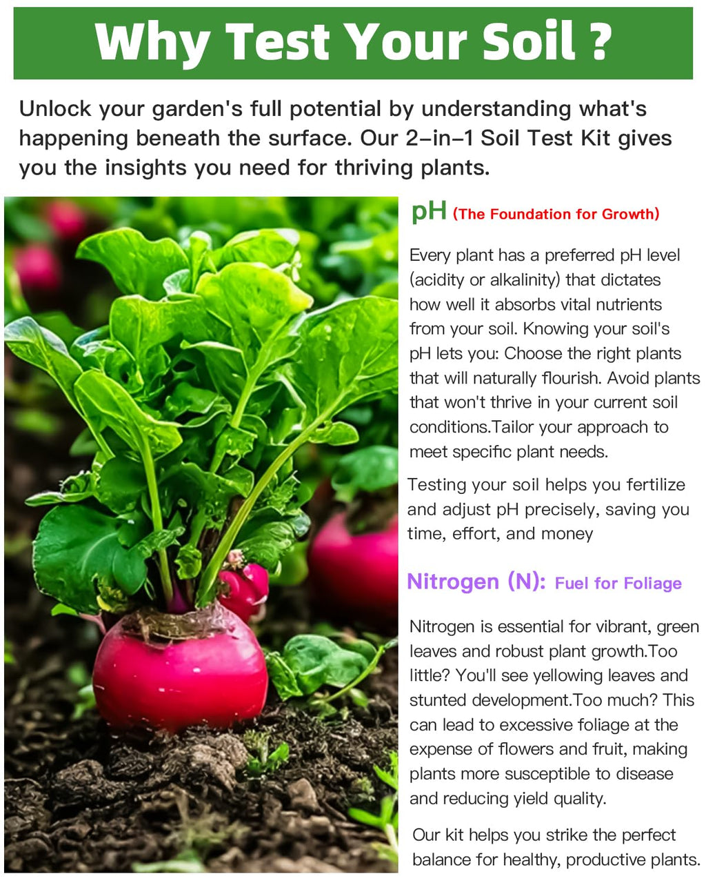 2-in-1 pH & Nitrogen Soil Test Kit, Home Soil Testing Kit for Lawns Gardening Grass Vegetables Nutrients, Soil pH Nitrogen Tester Strips Separately Sealed in Foils, Easy to Use, Rapid Results